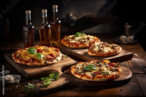 Tasty pizzas and beers on a wooden board with dark background. Generative AI