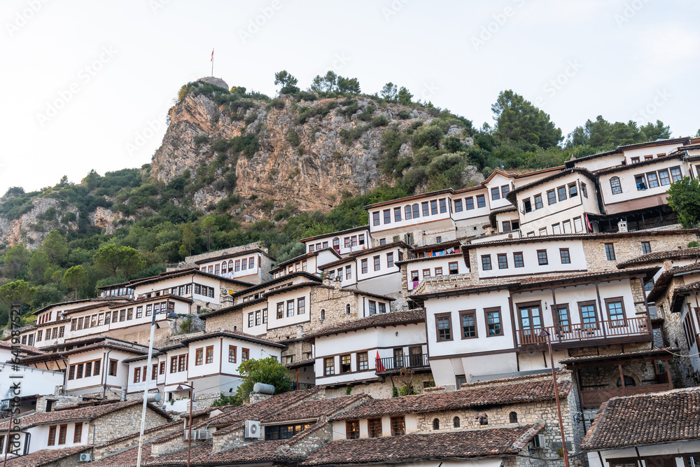 Obraz premium Detail of the castle of the historic city of Berat in Albania and its river, UNESCO