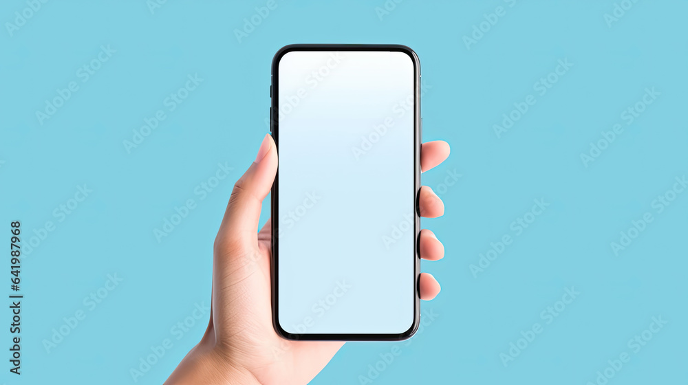 A hand grips a blank screen mobile phone, its potential unlocked, against a vibrant blue backdrop