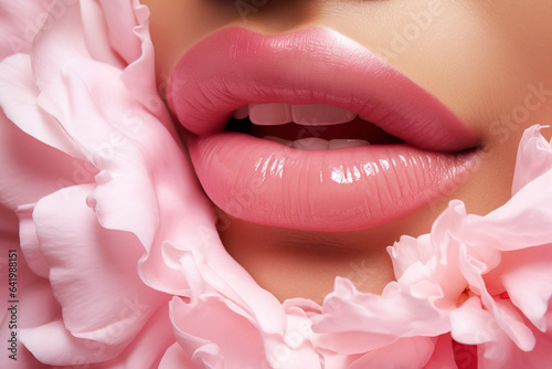 Obraz na płótnie Lip Gloss Beauty. A close-up of a woman's glossy lips with a background of pink peony petals. w salonie