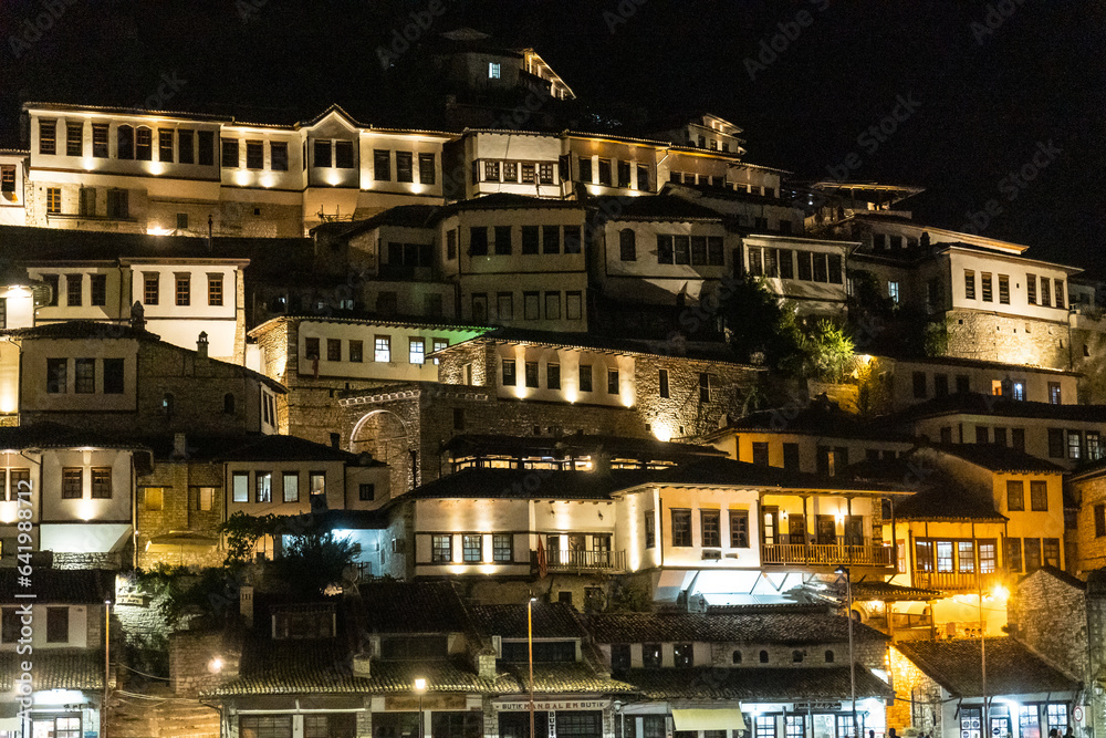 Detail of houses in the illuminated historic town of Berat in Albania, UNESCO, the city of a thousand windows