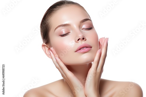 a pretty women for face wash product model, with hand on her face, fresh face, beautiful, glowing, healthy skin, Generative AI © Intelligence Studio