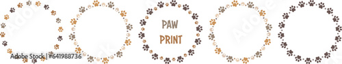 Brown paw circle frame set with dog animal footprints, vector illustration 