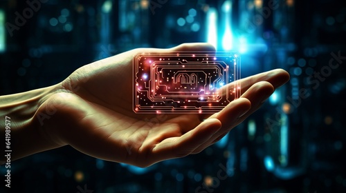 innovative technology: a circuit board on hand in cyberpunk neon cyberspace