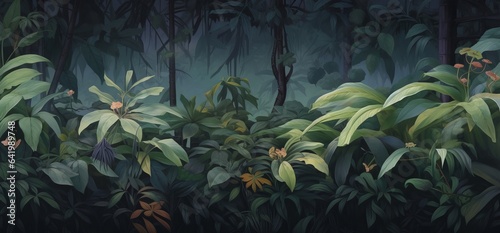 Painted tropical bushes. Seamless horizontal potter. For large format printing  Generative AI