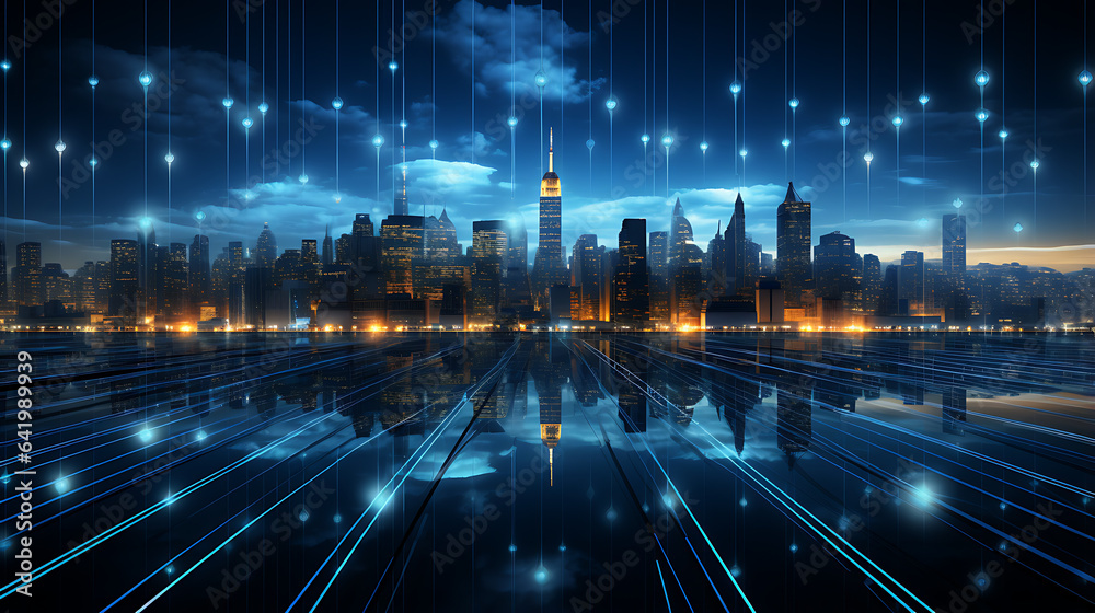 Data Technology Communication Networking Background with Data connectivity on city of skyline, newyork city concept wallpaper