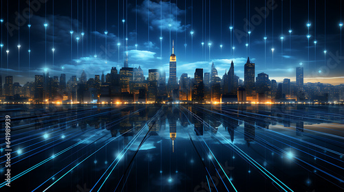 Data Technology Communication Networking Background with Data connectivity on city of skyline, newyork city concept wallpaper © Ruwan