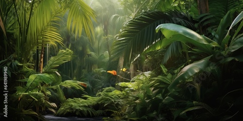 beautiful tropical vegetation garden with palm leaves, lush foliage in a green wild jungle, rain forest backdrop concept for wallpaper, beauty, Generative AI