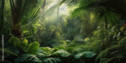 beautiful tropical vegetation garden with palm leaves, lush foliage in a green wild jungle, rain forest backdrop concept for wallpaper, beauty, Generative AI photo