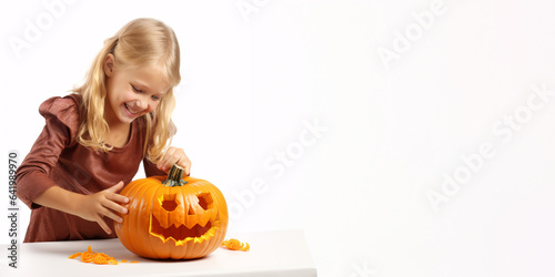 Cute, happy little girl carving Halloween Jack-o-Lantern on white background. Halloween banner, copy space, template. photo