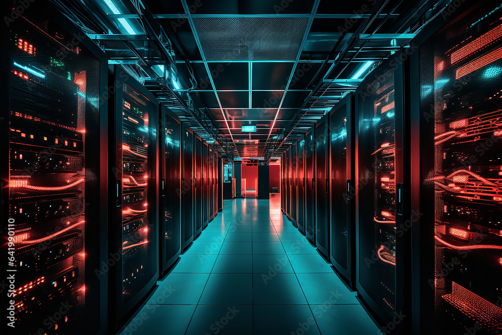  Rows of servers in a large data center show red alerts, indicating they have been compromised by a hacker's activities