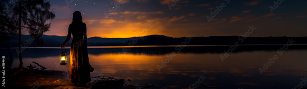 Silhouette of a woman looking into the last light of the day by a lake in the wild, holding a lit vintage kerosene lamp or lantern. Shallow field of view.	