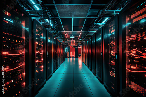 Rows of servers in a large data center show red alerts, indicating they have been compromised by a hacker\'s activities