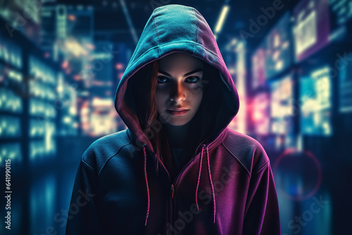 A hooded female hacker, her face concealed by a mask, expertly navigates and compromises a virtual security firewall