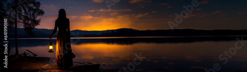 Silhouette of a woman looking into the last light of the day by a lake in the wild, holding a lit vintage kerosene lamp or lantern. Shallow field of view.	