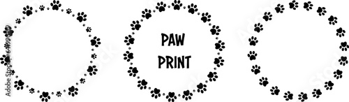 Black paw circle frame set with dog animal footprints, vector illustration	