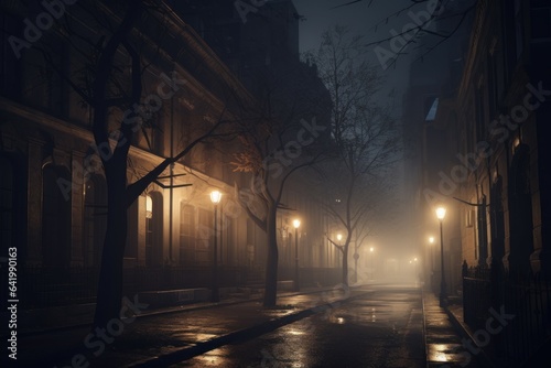 Foggy night street. Generate Ai