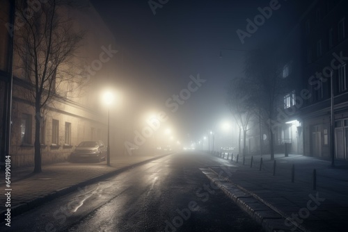 Foggy night street dark. Generate Ai