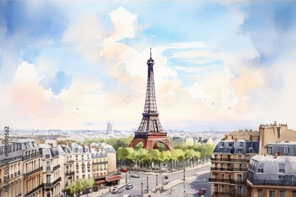 Discover Paris in stunning watercolors: The Eiffel Tower stands tall amidst the city's charm. A symphony of architecture, art, and romance under the captivating Parisian sky..