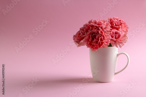 Bunch of pink carnation flowers in white mug with copy space on pink background