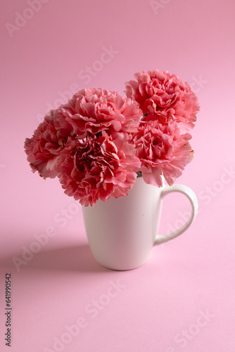 Vertical image of bunch of pink carnation flowers in white mug with copy space on pink background