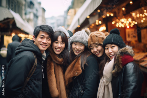 Group of young happy smiling Japanese tourists at street Christmas market in Paris © Jasmina