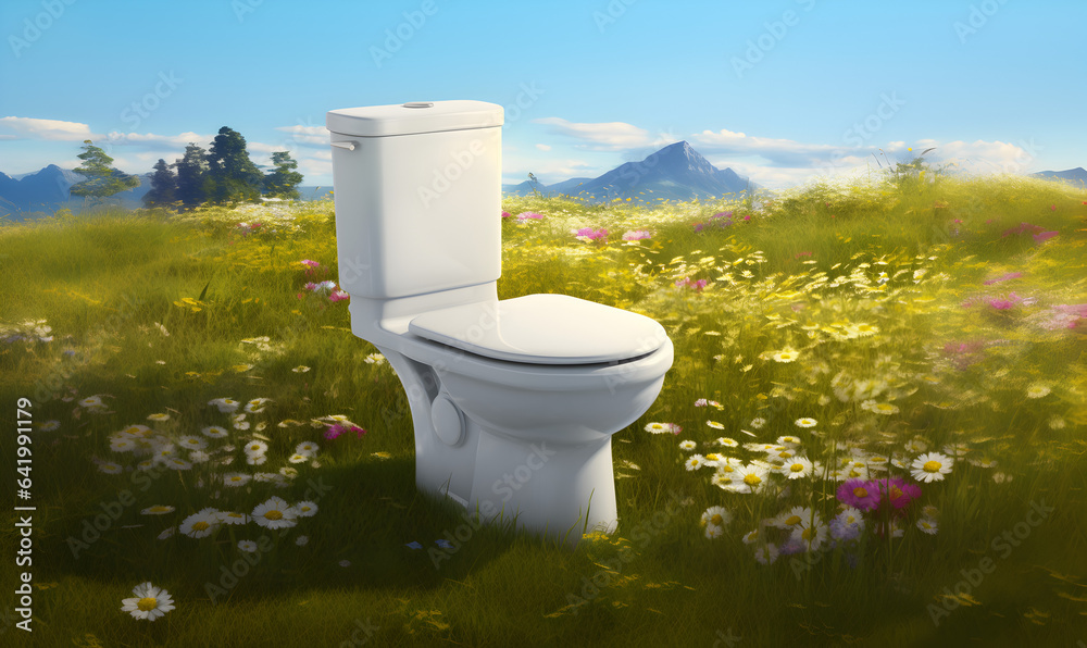 des-toilettes-pos-es-en-pleine-nature-dans-une-prairie-stock