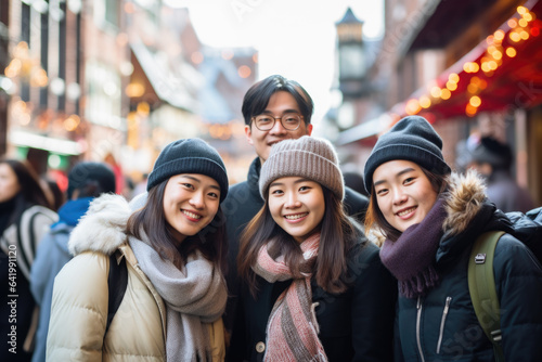 Group of young happy smiling Japanese tourists at street Christmas market in Amsterdam