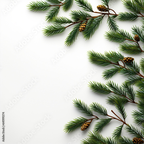 Christmas tree branch on white background, ai technology