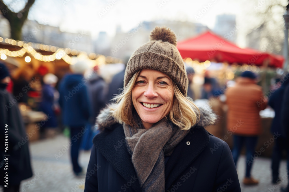 Fototapeta premium Happy smiling middle aged woman in winter clothes at street Christmas market in Paris
