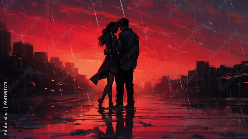 two embracing couples standing in the middle of the street under heavy rain. red cloud background. Seamless looping animated background.