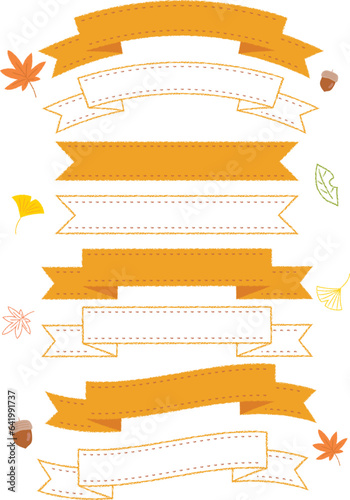 クレヨンタッチで描いたステッチ入りの秋色リボンと紅葉アイコンセット