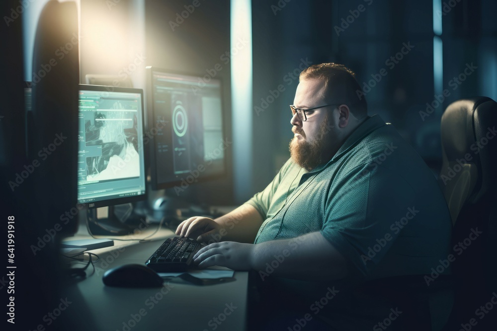 Fat man computer work. Generate Ai