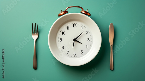 Empty plate with clock inside it, Intermittent fasting or nutritional  diet time management concept