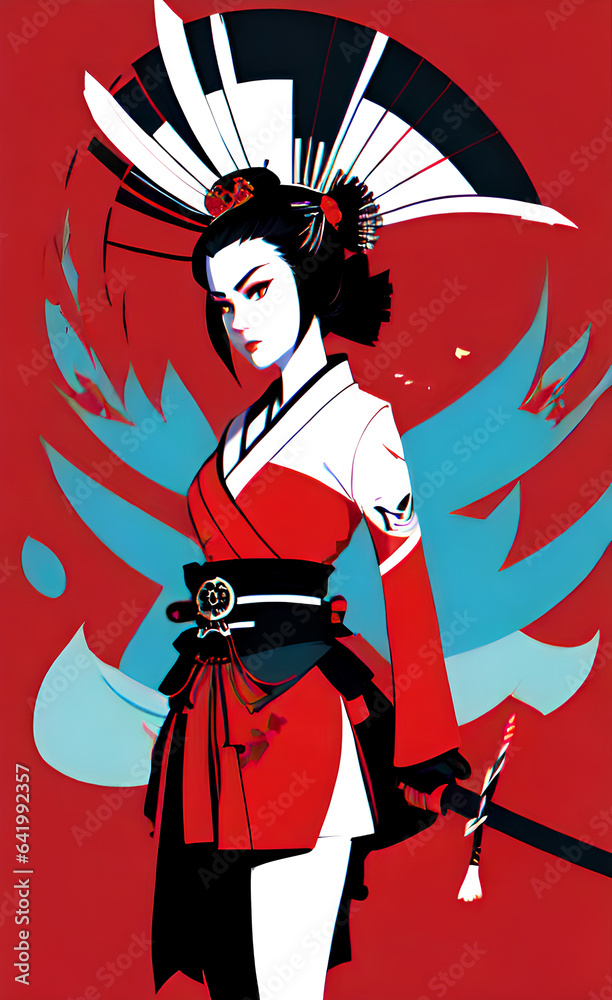 Japanese Geisha Short Red Dresses With Sword