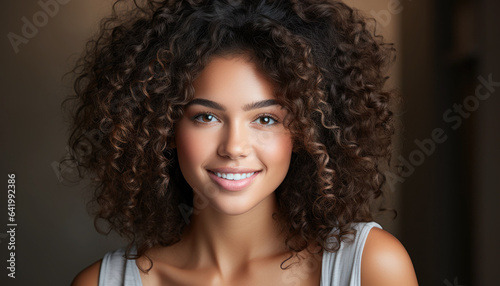 Face of beautiful mixed race woman smiling with white teeth.front view generative ai