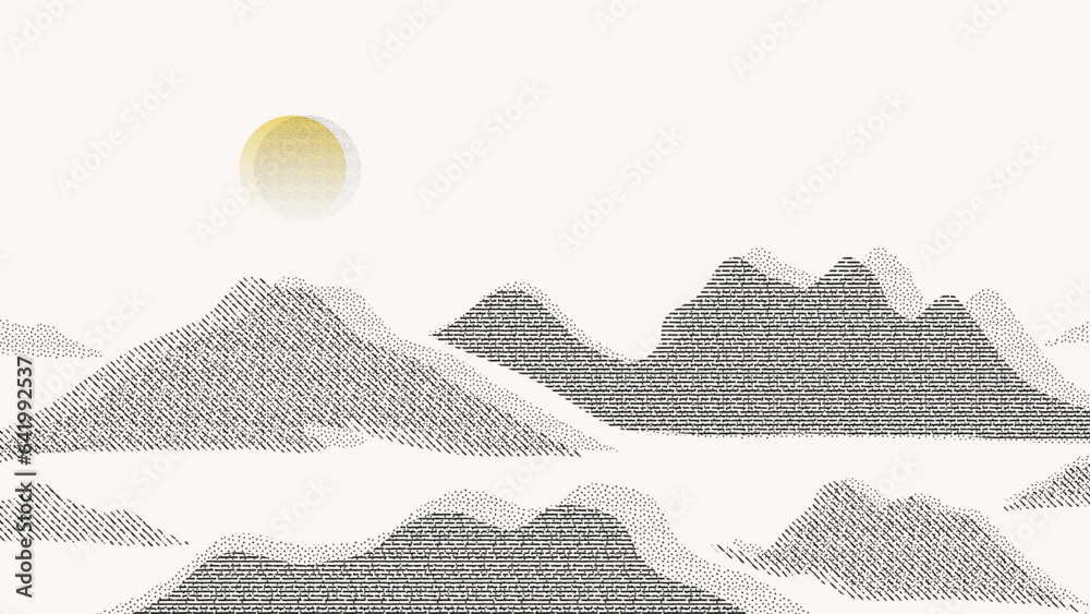 Abstract mountain background vector. Mountain landscape with fading dot effect, moon, halftone, dot grunge texture. Monochrome hills art wallpaper design for print, wall art, cover and interior.