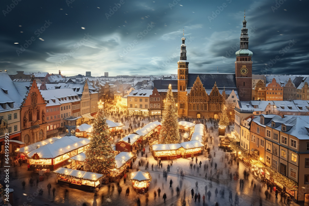 Fototapeta premium As the sun sets, lanterns illuminate the market, creating a magical winter wonderland