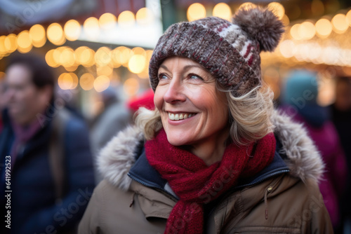 Happy smiling middle aged woman in winter clothes at street Christmas market in Vienna © Jasmina