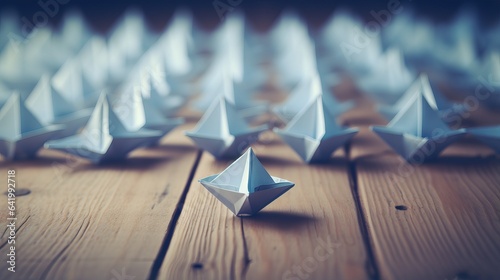 leadership concept: blue paper boat leading fleet of small white boats with compass icon on wooden table (vintage effect