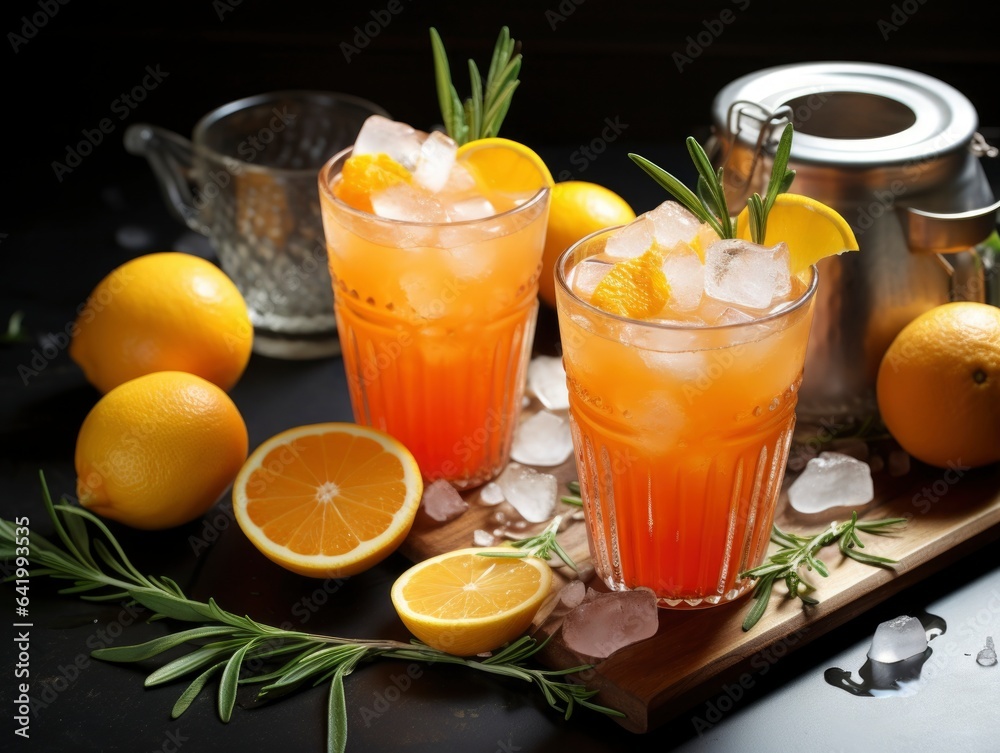 Homemade iced lemonade with ripe peaches and fresh mint. Fresh peach ice tea in glasses on a dark background with ingredients. Summer refreshing beverage recipe. Bar, cafe menu Homemade iced lemonade with ripe peaches and fresh mint. Fresh peach ice tea in glasses on a dark background with ingredients. Summer refreshing beverage recipe. Bar, cafe menu