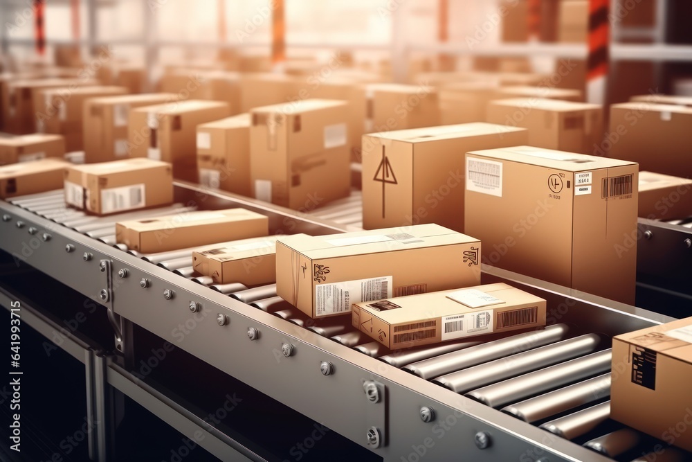 Postal automation. Conveyor belt with cardboard boxes with parcels. Automation of work to speed up the work of delivery. Postal automation. Conveyor belt with cardboard boxes with parcels. Automation of work to speed up the work of delivery.