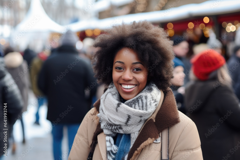 Young smiling african american woman in winter clothes at street Christmas market in Utrecht Young smiling african american woman in winter clothes at street Christmas market in Utrecht