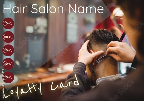 Composite of hair salon loyalty card text over asian man in hairdresser's salon