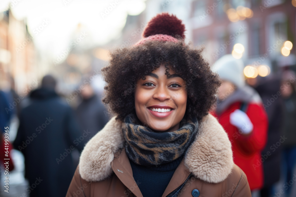 Young smiling african american woman in winter clothes at street Christmas market in Amsterdam Young smiling african american woman in winter clothes at street Christmas market in Amsterdam