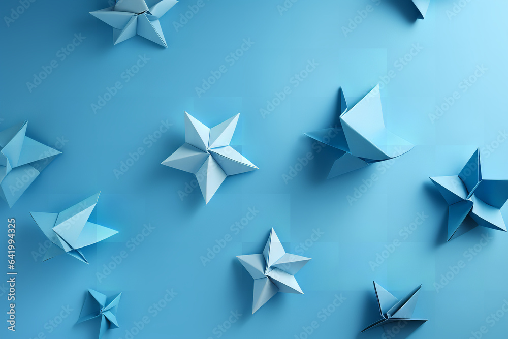 Delicate origami formations representing mathematical ideas stand out starkly against a calming, uniform azure backdrop, blending art with science Delicate origami formations representing mathematical ideas stand out starkly against a calming, uniform azure backdrop, blending art with science