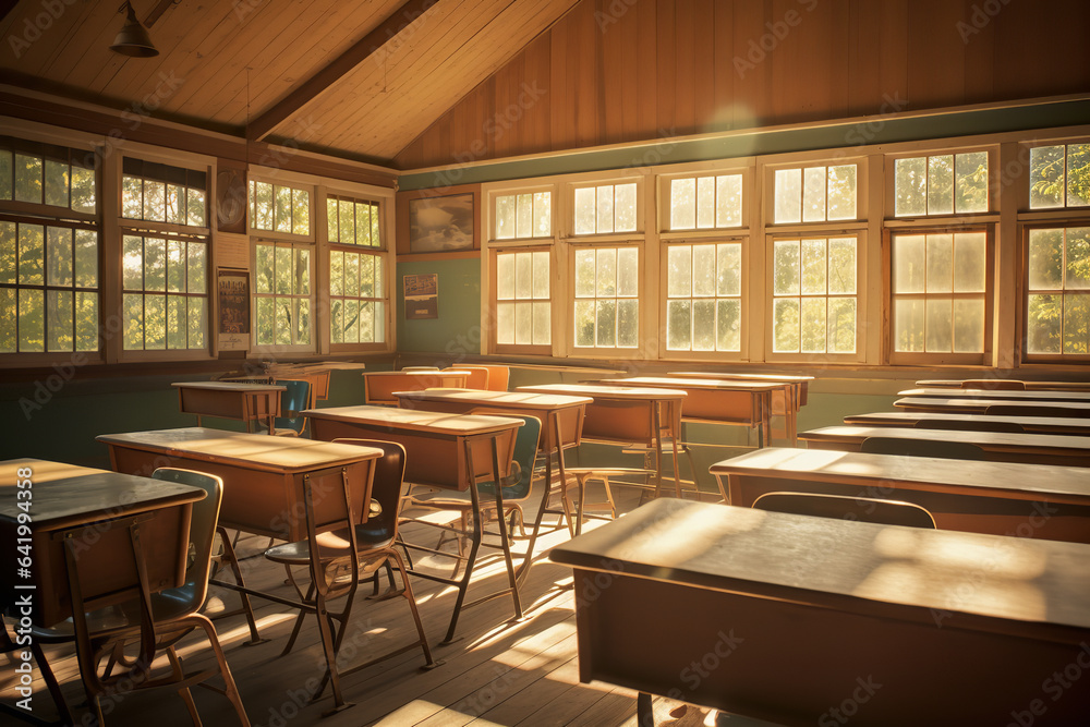 An old-school math classroom filled with rows of vintage wooden desks, sunbeams gently streaming in through tall windows, illuminating chalk dust in the air
