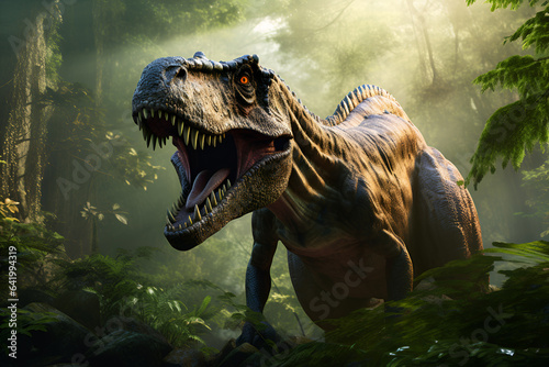Tyrannosaurus rex in the forest. Generative Ai  © olyphotostories