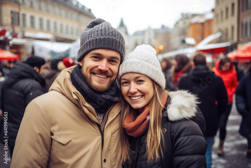 Happy young smiling couple in winter clothes at street Christmas market in Stockholm
