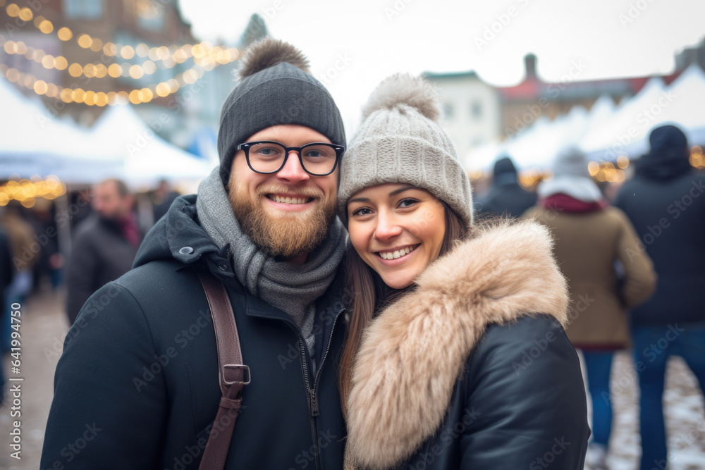 Happy young smiling couple in winter clothes at street Christmas market in Stockholm